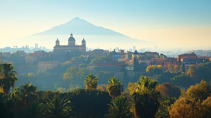 Cathedral, volcano, cityscape, autumn, sunrise, Italy, travel, postcard