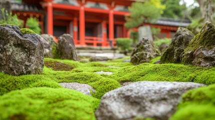 Fototapeta premium Tranquil Pathway of Green Moss and Stones Leading to a Traditional Japanese Structure Surrounded by Nature's Serenity and Rich Cultural Heritage