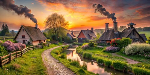 Serene Village at Sunrise Picturesque Cottages, Cobblestone Path, and Tranquil Canal Reflecting Golden Hour Sky