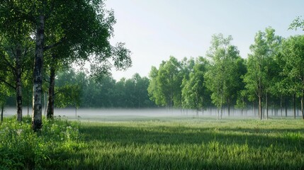 Lush green forest landscape with mist and sunlight.