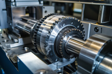 Fototapeta premium Industrial machinery and engineering mechanism with gears and cogs at work showcasing precision manufacturing technology