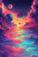 A vibrant cosmic landscape with colorful clouds and planets reflecting on a serene water surface.