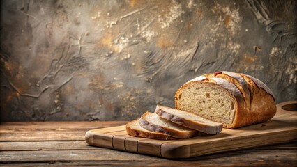 Artisan Loaf of Bread Sliced on Rustic Wooden Board Against a Textured Background