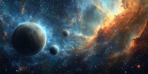 A stunning cosmic scene depicting planets and colorful nebulae in deep space.