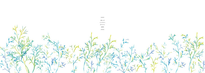 水彩画。水彩タッチのグラデーションカラーの草木イラスト。夏カラーの爽やかな葉っぱと木。Watercolor painting. Watercolor touch gradient color grass and trees illustration. Fresh leaves and trees in summer colors.