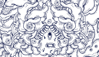 Doodle art pattern design in black and white brush style. It shows odd creatures interacting to give shape to new ones. The seamless design aligns in a mirrored way following two symmetrical axes
