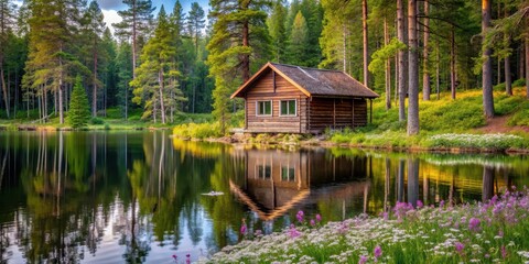 Obraz premium Cozy rustic cabin nestled in a serene Finnish spring forest, overlooking a tranquil lake surrounded by towering evergreen trees and vibrant wildflowers , spring, log cabin
