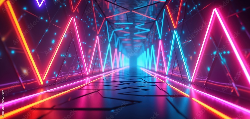 Aufkleber futuristic corridor with triangle patterns. colorful neon light. ultraviolet glow. abstract tech des