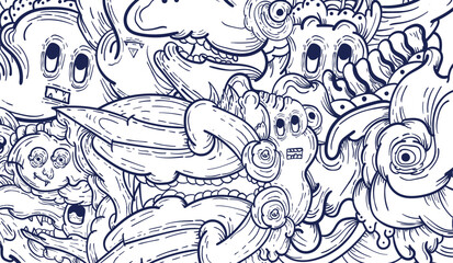 Doodle art pattern design in black and white brush style. It shows odd creatures interacting to give shape to new ones. The seamless design aligns in a mirrored way following two symmetrical axes