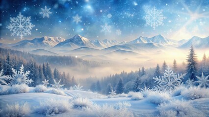 Frosted winter landscape with intricate snowflakes and silvery mist