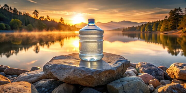 A large five gallon plastic water bottle with ice cubes floating on top on a rock in front of a serene lake at sunrise