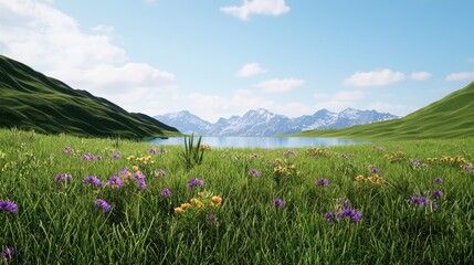 Scenic landscape with flowers, a lake, and mountains in the background.