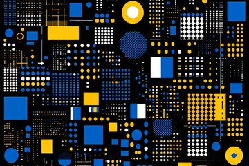 Colorful geometric pattern featuring blue, yellow, and white shapes on a dark background.