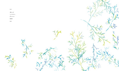 水彩画。水彩タッチのグラデーションカラーの草木イラスト。夏カラーの爽やかな葉っぱと木。Watercolor painting. Watercolor touch gradient color grass and trees illustration. Fresh leaves and trees in summer colors.