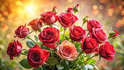 Obraz premium A radiant bouquet of crimson and peach roses, bathed in warm sunlight, evokes feelings of love and celebration.