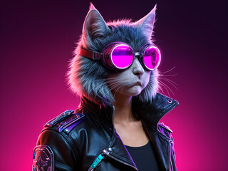 Naklejka premium A cyberpunk illustration of a stylish cat with fluffy fur in vibrant neon colors wearing sleek futuristic leather goggles that reflect purple highlights--generated by ai