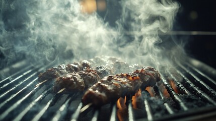 Smoky grilled meat skewers on barbecue.
