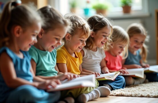 Group of kids in kindergarten enjoy reading books. Children sit happily on floor. Engaged with books in hands. Bright room happy young learners. Photo perfect for childcare centers, educational