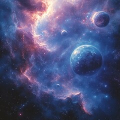 Obraz premium A vibrant cosmic scene featuring planets amidst colorful nebulae and starlit backgrounds.