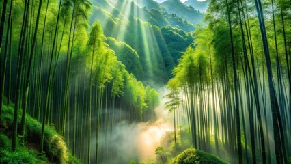 Sunbeams Illuminate a Misty Bamboo Forest, Creating an Enchanting and Serene Atmosphere