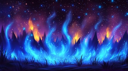 Night sky, blue fire engulfing grassy hills.