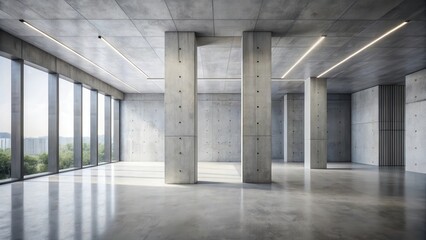 Modern space with minimalist concrete walls and pillars in a contemporary setting, structural elements , minimalist concrete interior