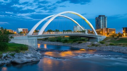 Modern arch bridge over calm river at dusk reflecting city lights with serene sky and urban buildings in background showcasing architectural beauty