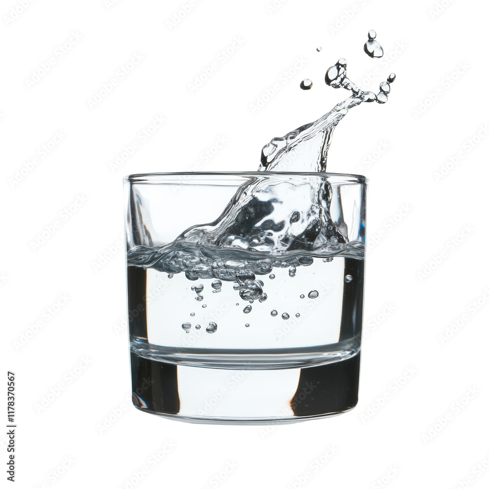 Poster refreshing clear water splash in glass captured with dynamic motion creating a lively and invigorati