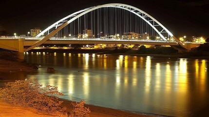 Naklejka premium Stunning Night View of an Elegant Arch Bridge Illuminated by City Lights Reflecting on a Calm River in a Vibrant Urban Landscape