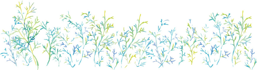 Naklejka premium 水彩画。水彩タッチのグラデーションカラーの草木イラスト。夏カラーの爽やかな葉っぱと木。Watercolor painting. Watercolor touch gradient color grass and trees illustration. Fresh leaves and trees in summer colors.