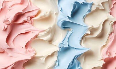Abstract swirls of pink, white, and blue frosting.