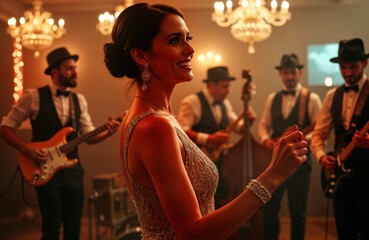 Woman in flapper dress dances at retro party. Jazz band plays lively music in background. Elegant woman enjoys 1920s era party. Music fills room. Group of musicians play instruments with style.