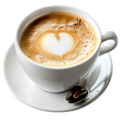 Obraz premium Aromatic Cup of Coffee with Heart Design on Frothy Surface Inviting Warmth and Comfort in a Cozy Cafe Atmosphere isolated on white background