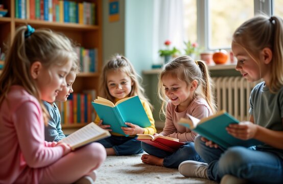 Group of happy children in kindergarten joyfully reading books. Diverse children engage in reading lesson in colorful classroom. Sitting together on soft rug. Teacher might present guiding activity.
