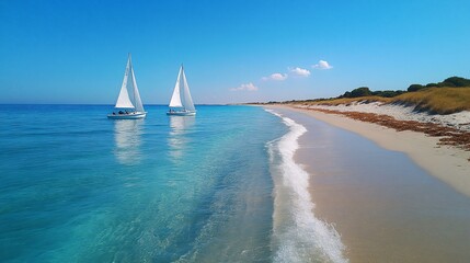 Sailing boats, coastal beach, turquoise water, sunny day, travel
