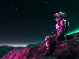 Fototapeta premium Distant Horizons: An Astronaut's Quiet Moment on the Surface of an Alien World, Looking into Space.