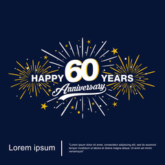 60th years anniversary celebration emblem. Happy anniversary logo with fireworks, sparkle, twinkle and stars. vector illustration template for web, flyers, poster, invitation card, greeting card