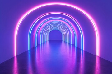 Neon Tunnel: Vibrant Purple and Blue Archway Illuminates Dark Space with Glowing Lines, Creating a Psychedelic Atmosphere