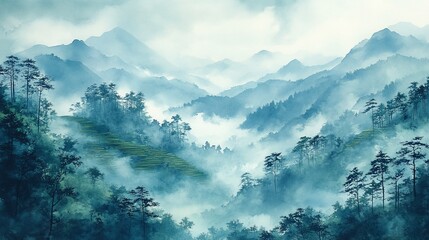 Misty Mountain Valley Landscape, Sunrise, Rice Terraces, Serenity, Print