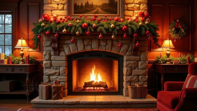 Cozy fire crackles beneath a rustic stone mantle, framed by a charming country landscape painting above