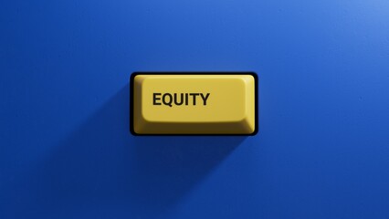 Wooden mannequin near tower of cubes with word equity.close up button of keyboard,Business Concept.3D rendering on blue background.