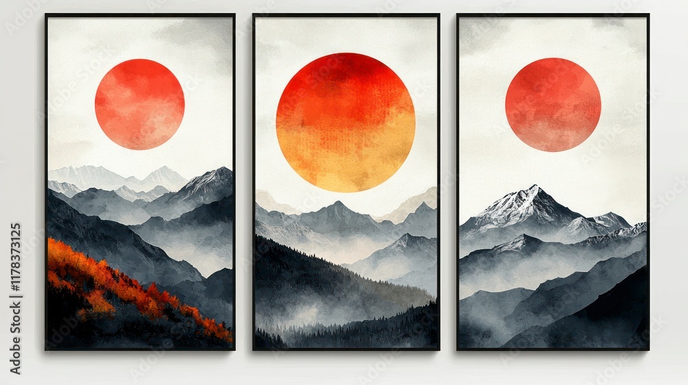 Canvas Prints Sunset mountain triptych.