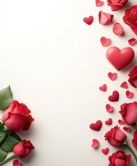 A romantic display of vibrant red roses and delicate hearts scattered on a pure white surface, capturing the essence of love and affection for Valentine's Day.