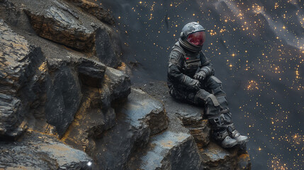 Naklejka premium Astronaut's Rest: A Solitary Figure Meditates Underneath a Dark Starry Sky on an Uncharted World.