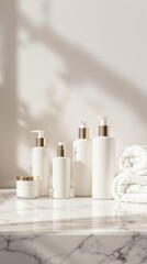 Elegant bathroom essentials display with natural light and minimalist design