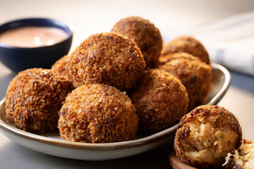 Fried Sauerkraut Balls Plated Appetizer with Russian Dressing