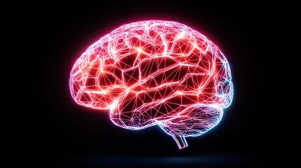 Neon brain illustration with a network pattern on a dark background.