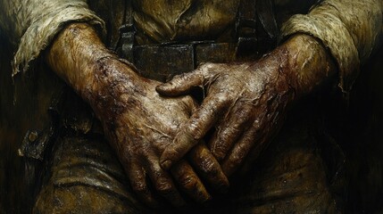 Mud-caked hands clasped, worker rests after labor, rustic background, concept hardship