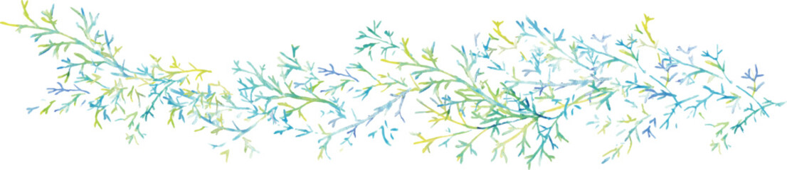 Fototapeta premium 水彩画。水彩タッチのグラデーションカラーの草木イラスト。夏カラーの爽やかな葉っぱと木。Watercolor painting. Watercolor touch gradient color grass and trees illustration. Fresh leaves and trees in summer colors.