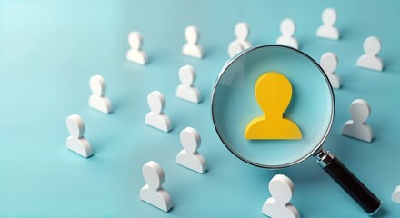 Yellow human icon highlighted by magnifying glass among white icons. Focus on finding suitable person for CRM. Business concept for hiring perfect employee finding ideal client. Illustration shows